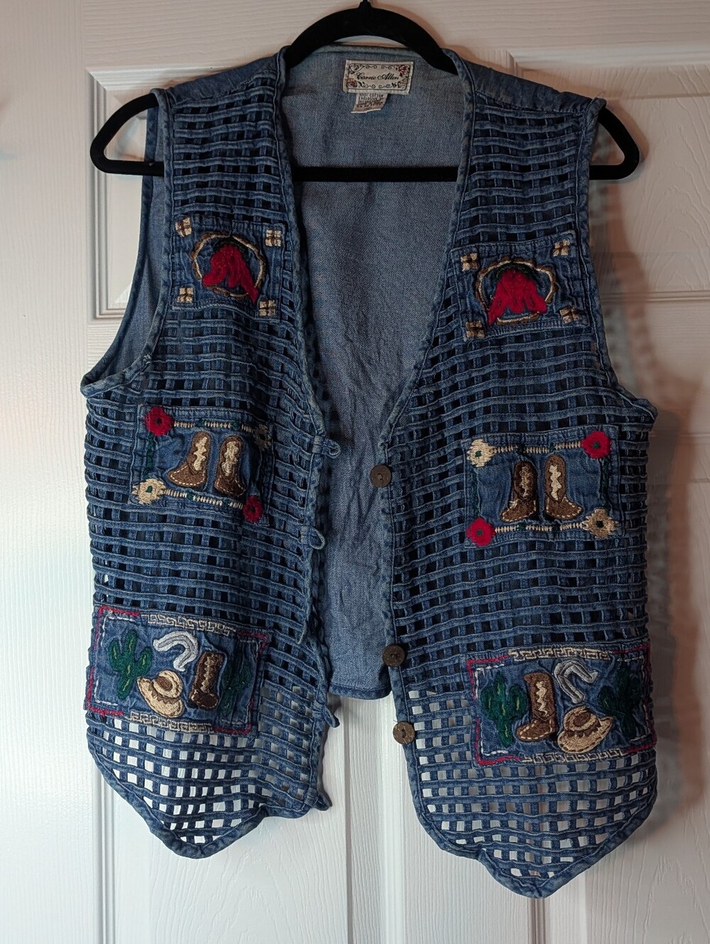 Charro Allen Western Denim Vest Women’s M Embroidered Cowboy Boots Horse Y2K